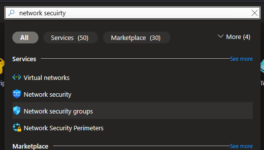 Azure search bar showing Network security groups result