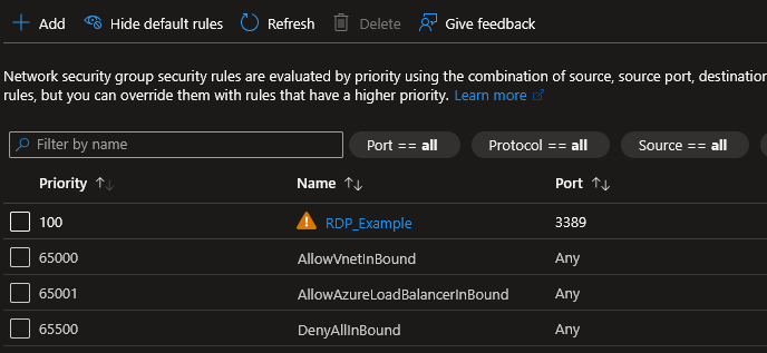 Inbound security rules showing a warning triangle on Port 3389